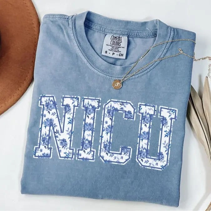 Floral NICU Nurse T-Shirt, Comfort Colors Neonatal Intensive Care Unit Tshirt, Preppy ICU Nurse Week Gift, Floral...