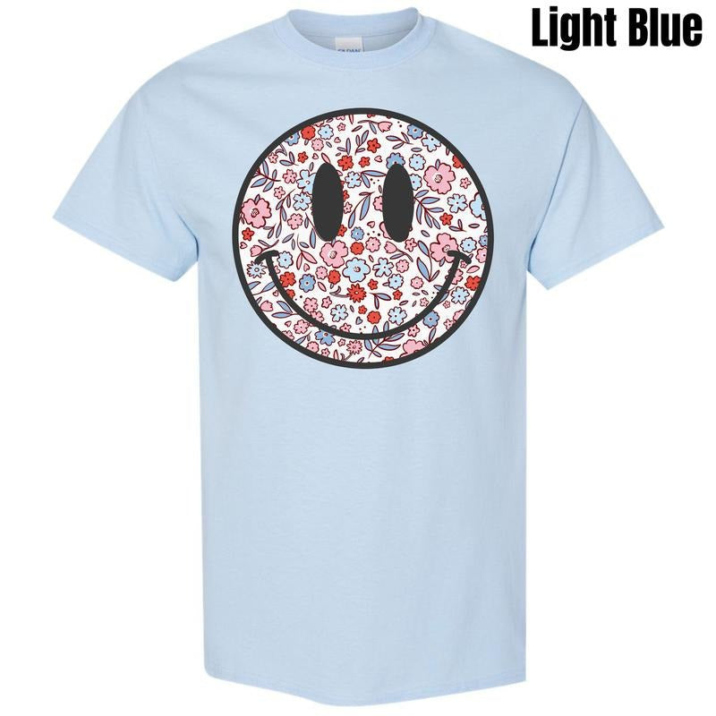 Floral Patriotic Happy Face  Gildan Short Sleeve T-Shirt 'NLB' Hoodie, Sweatshirt | RetroVerseTees.com