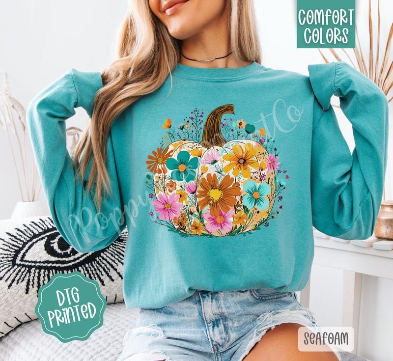 Floral Pumpkin Comfort Colors Long Sleeve T-Shirt, Cute Women's Fall Tee Hoodie, Sweatshirt | RetroVerseTees.com