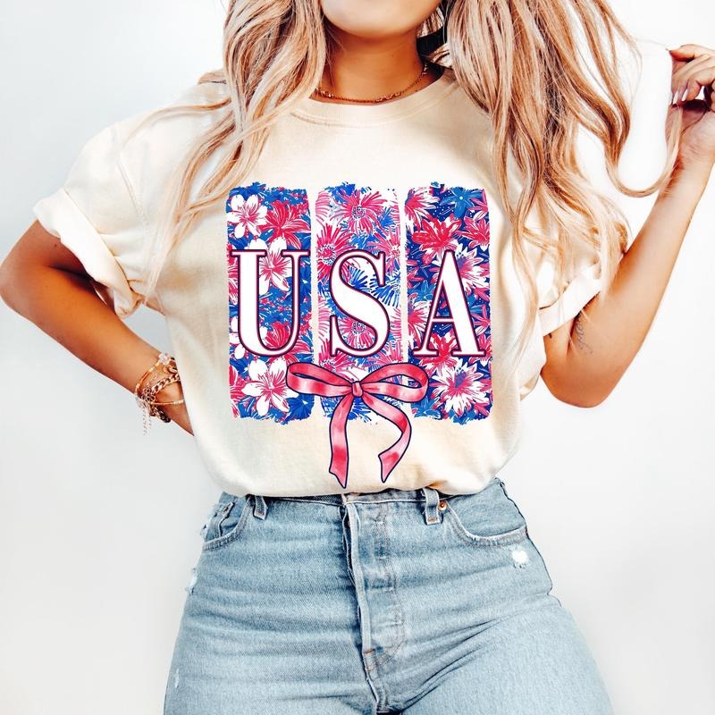 Floral USA Coquette T-Shirt, America Brushstroke T-Shirt, Memorial Day T-Shirt, 4th of July T-Shirt, Land of the Free,...