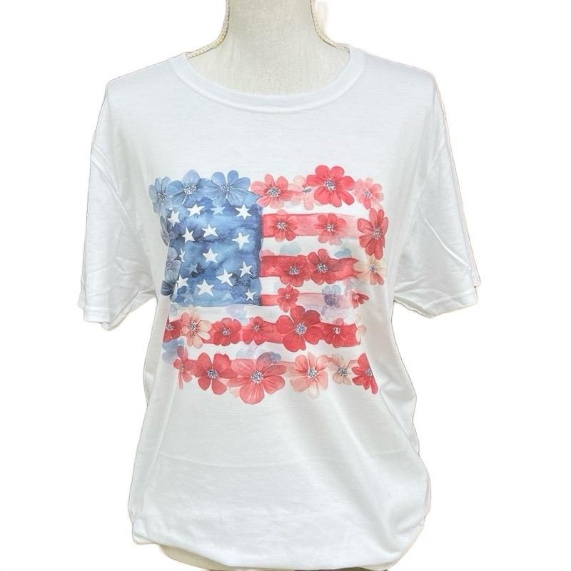 Floral USA Flag Tee - Fourth of July Womens Shirt