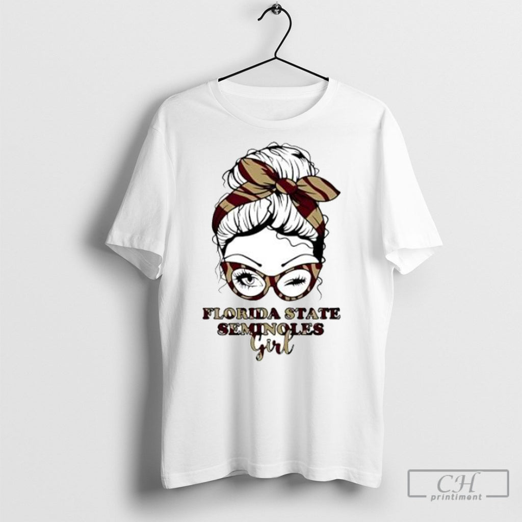 Florida State Seminoles Girl Messy Bun Sunglasses Fan Art Shirt Tee