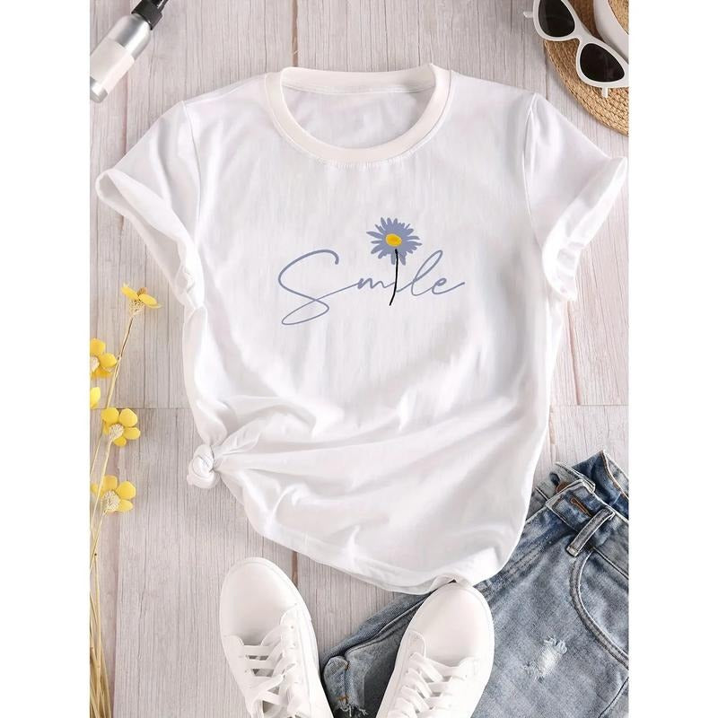 Flower & Letter Print Crew Neck T-Shirt Casual Short Sleeve T-Shirt for Summer Women'WB shield Clothing Comfortable FOG...
