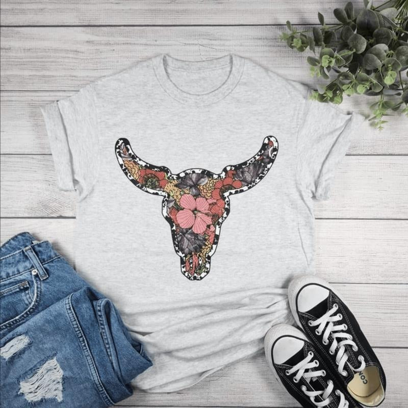 Flower Cow Skull Graphic Tee Hoodie, Sweatshirt | RetroVerseTees.com