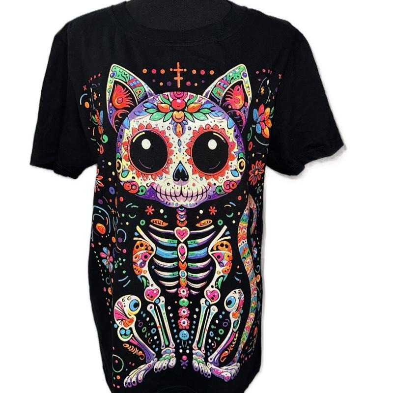 Fluorescent Cat T-Shirt with Colorful Skeleton Design for Men and Women Top Shortsleeve Crewneck Tshirt Hoodie, Sweatshirt