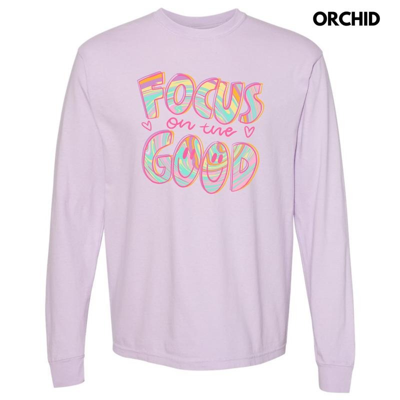 Focus On The Good Swirls Long Sleeve Comfort Colors T-Shirt 'NLB' Hoodie, Sweatshirt | RetroVerseTees.com