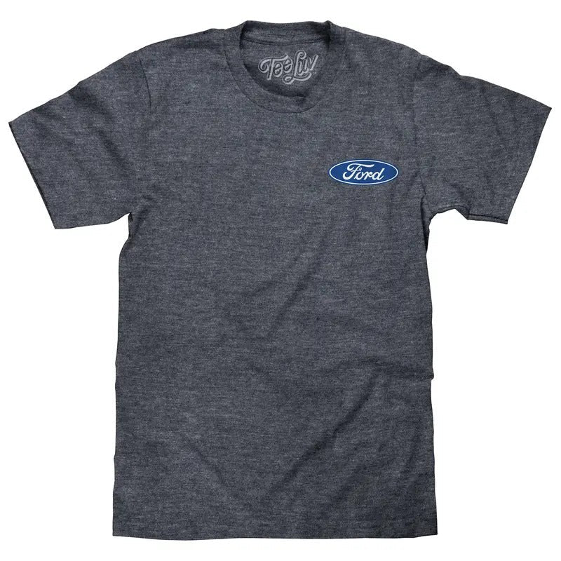 Ford Genuine Parts Car Logo Front and Back Print T-Shirt - Navy Heather Hoodie, Sweatshirt | RetroVerseTees.com