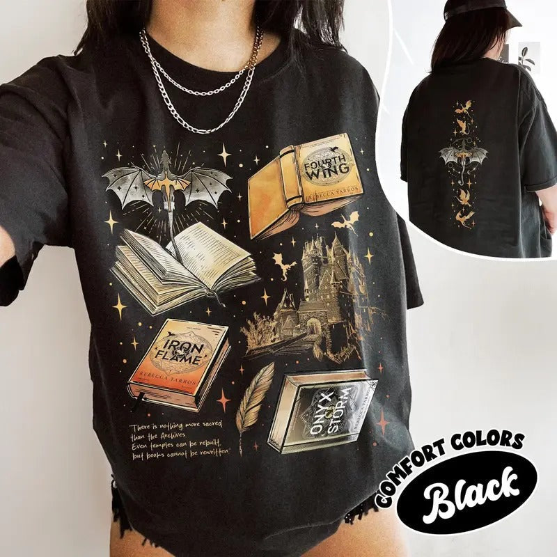 Fourth Wing Series Two Sided Unisex Cotton T-shirt 2 sides For Fans, War College T-Shirt, Dragon Rider Bookish Shirt,...