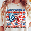 Fourth of July Sublimation, America with Coquette Style Bow, Patriotic T-Shirt Hoodie, Sweatshirt | RetroVerseTees.com