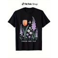 Foxglove Daisy Tulip Floral Nature Art T-Shirt, Casual Short Sleeve Crew Neck Tee, 100% Cotton, Super FOG, Summer Tee