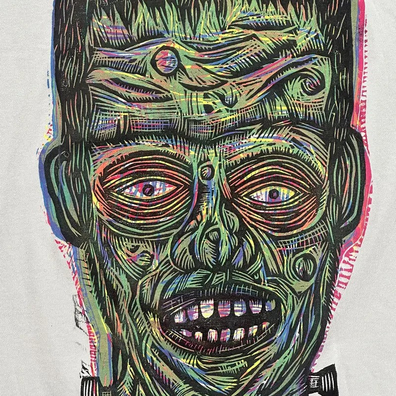 Frankenstein Woodcut  Hand printed  T Shirt Menswear graphic  tees Cotton Top Soft Long Hoodie, Sweatshirt