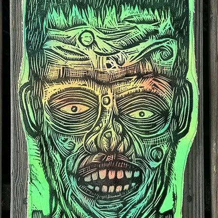 Frankenstein Woodcut Printed on Painted and Shaped Wooden Panels Decor Hand Wall Ornaments Artistic T-Shirts, Hoodie,...