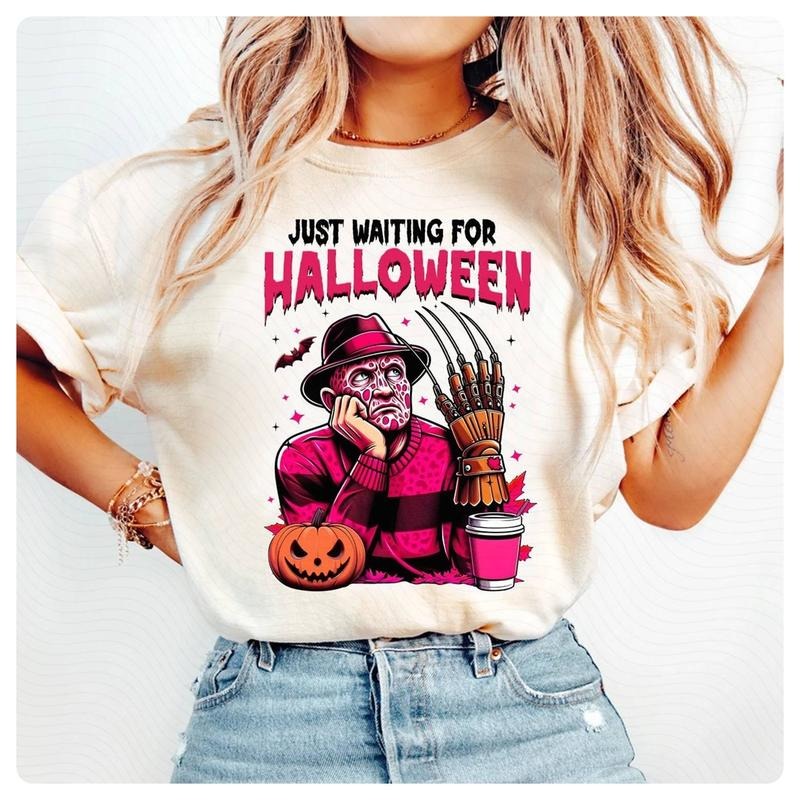 Freddy Krueger Just Waiting For Halloween Shirt Pink   Halloween Shirt Funny   Character Shirt   Movie Shirt Funny...