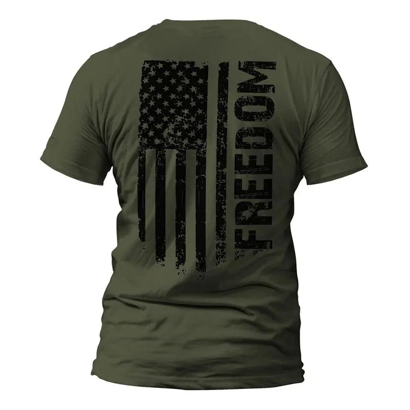 Freedom USA Distressed Flag Back Print T-Shirt Casual Crewneck