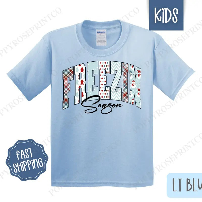 Freezin' Season Kids Shirt - Cute Winter Children's Tshirt - Youth Winter Tee Gildan Hoodie, Sweatshirt | RetroVerseTees.com