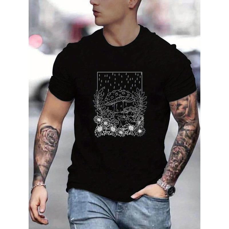 Frog And Mushroom Pattern Print Men's Slightly Stretch T-shirt, Graphic Tee Men's Summer Clothes, Men's Outfits Made in...