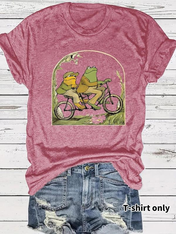 Frog Riding Bicycle Print Round Neck Tee, Casual Fashion Short Sleeve T-shirt for Summer, Ladies TNF for Daily Wear, Top...