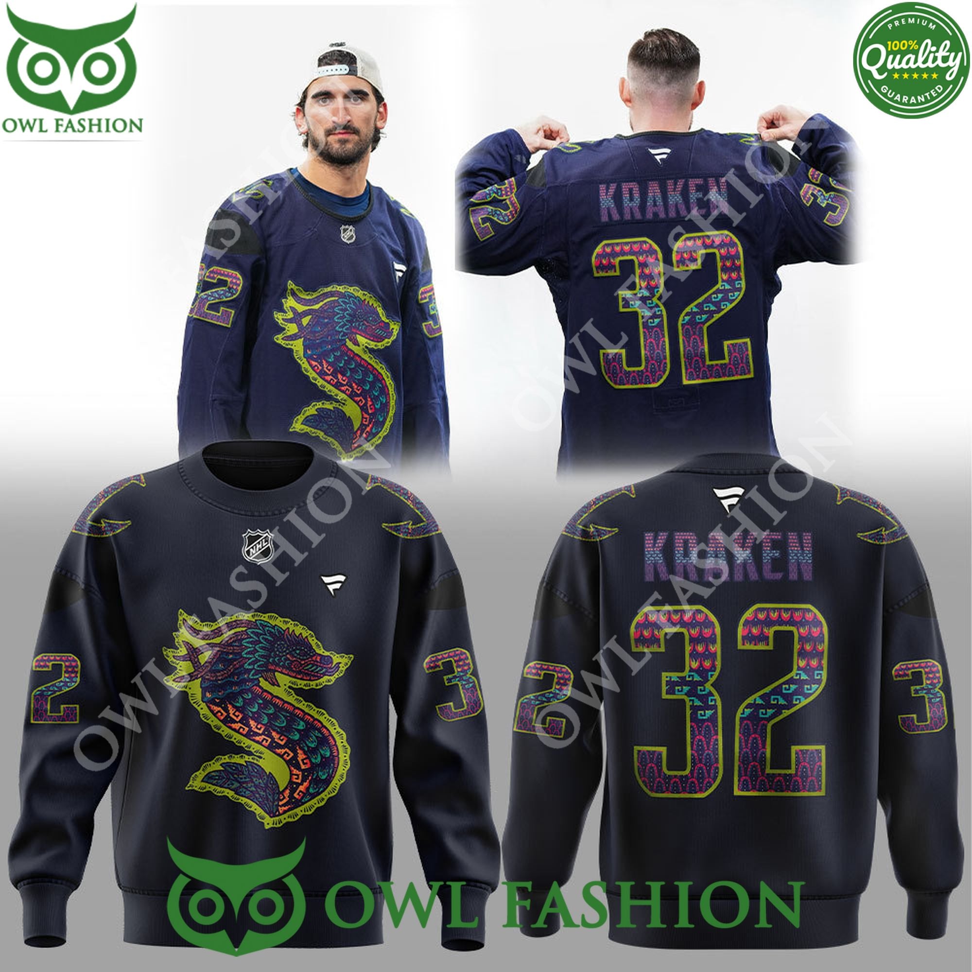NHL Seattle Kraken Hispanic Heritage Night 2024 number 32 ugly sweater