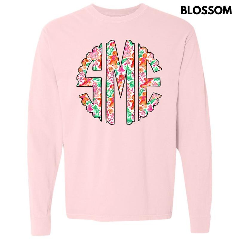 Fun Gingerbread Christmas Monogram Long Sleeve Comfort Colors T-Shirt 'NLB' Hoodie, Sweatshirt | RetroVerseTees.com