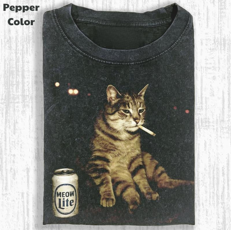 Funny Animal Vintage Graphic Tee, Meow Lite T-Shirt, Cat Shirt, Unisex Meme Cringe Funny Shirt, Menswear Womenswear...