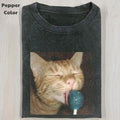 Funny Animal Vintage Graphic Tee, Orange Cat Eating Candy T-Shirt, Cute Kitten Animal Shirt, Unisex Meme Cringe Funny...