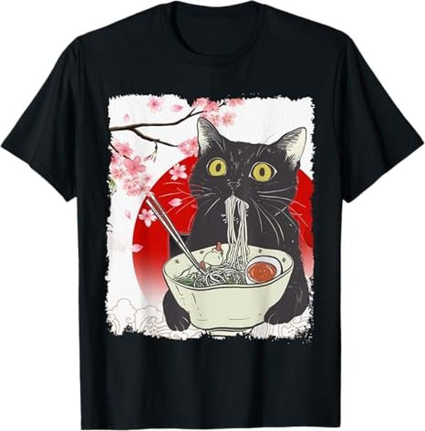 Funny Cat Shirts, Vintage Cat Eating Ramen Funny Japanese Cat Noodles T-Shirt