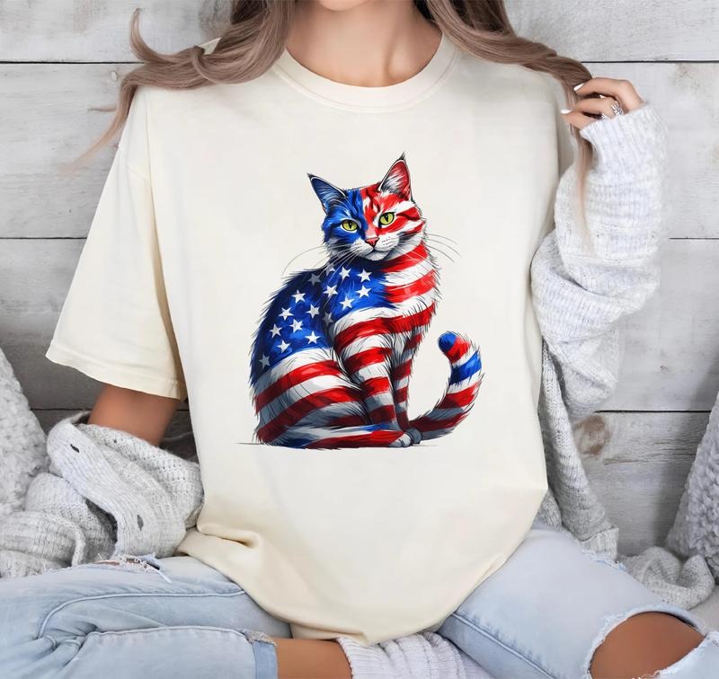 Funny Cute Cat green eyes Cat USA Flag 4th FOG July T-Shirt Hoodie, Sweatshirt | RetroVerseTees.com