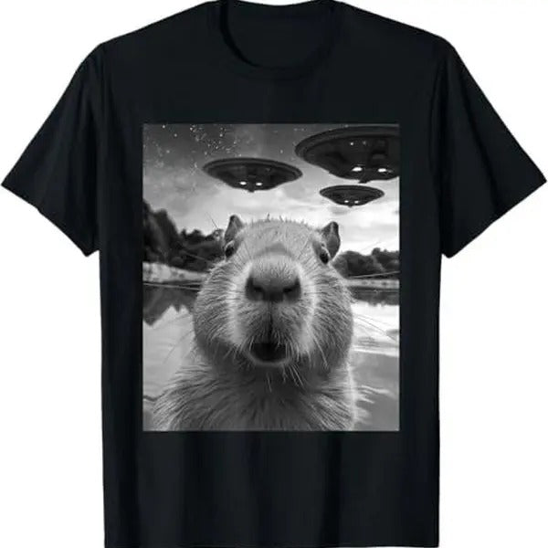 Funny Graphic Capybara Selfie with UFOs Weird T-Shirt Hoodie, Sweatshirt | RetroVerseTees.com