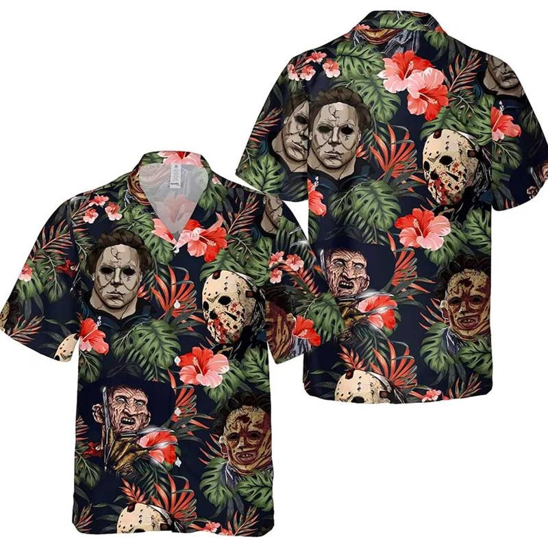 Funny Halloween 3D Beach Hawaiian 2025 Summerween Shirt, Horror Characters shirt, Spooky Season Hawaiian...
