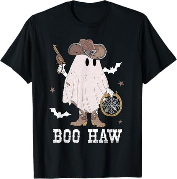 Funny Halloween Shirts For Men, Funny Halloween Boo Haw Retro Ghost Western T-Shirt Menswear