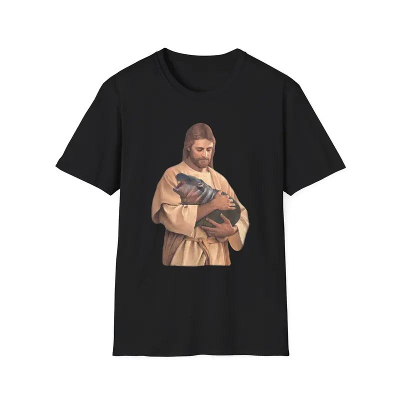 Funny Meme TShirt, Jesus Holding Moo Deng the Hippo Joke Tee, Moo Dang Gift Shirt Hoodie, Sweatshirt | RetroVerseTees.com
