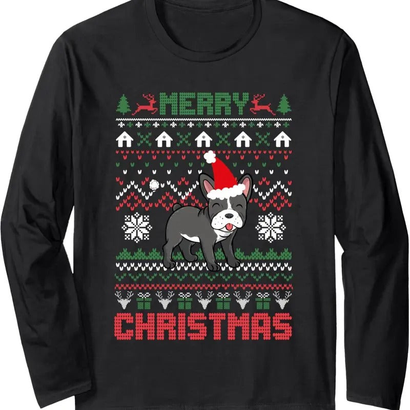 Funny Merry Ugly Christmas Sweater French Bulldog Santa Hat Long Sleeve T-Shirt Hoodie, Sweatshirt | RetroVerseTees.com