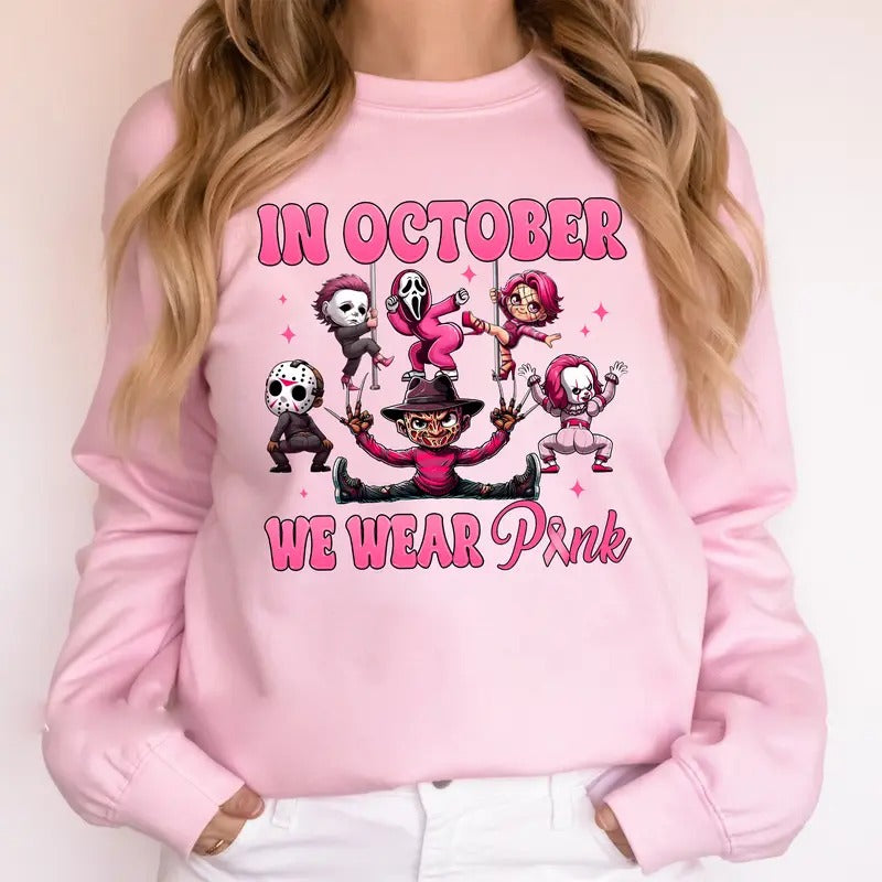 Funny October We Wear Pink Horror Movie Characters Shirt Sweatshirt, Breast Cancer Survivor Shirt, Pink Slasher Shirt,...