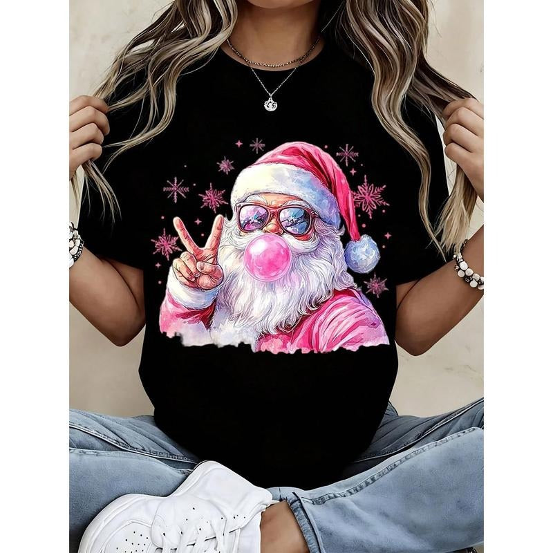 Funny Santa Claus Blowing Bubble Gum Christmas T-Shirt For Women Casual Holiday Graphic Tee With Sunglasses Gunpla brand...
