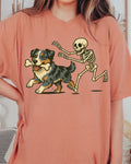 Funny Skeleton Chasing Blue Merle Aussie Dog Halloween T-Shirt | Spooky Graphic Tee Comfort Colors Style Unisex Relaxed...