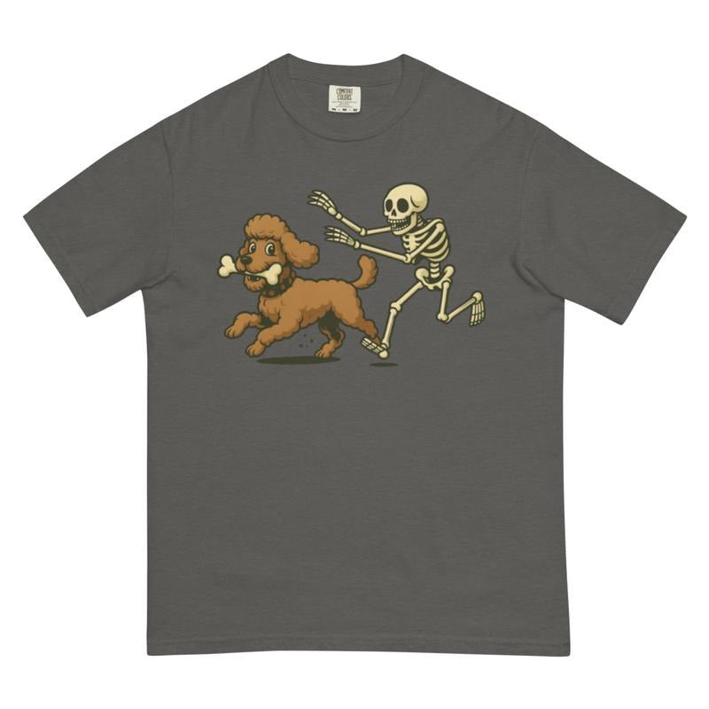 Funny Skeleton Chasing Poodle Dog Halloween T-Shirt | Spooky Graphic Tee Comfort Colors Style Hoodie, Sweatshirt