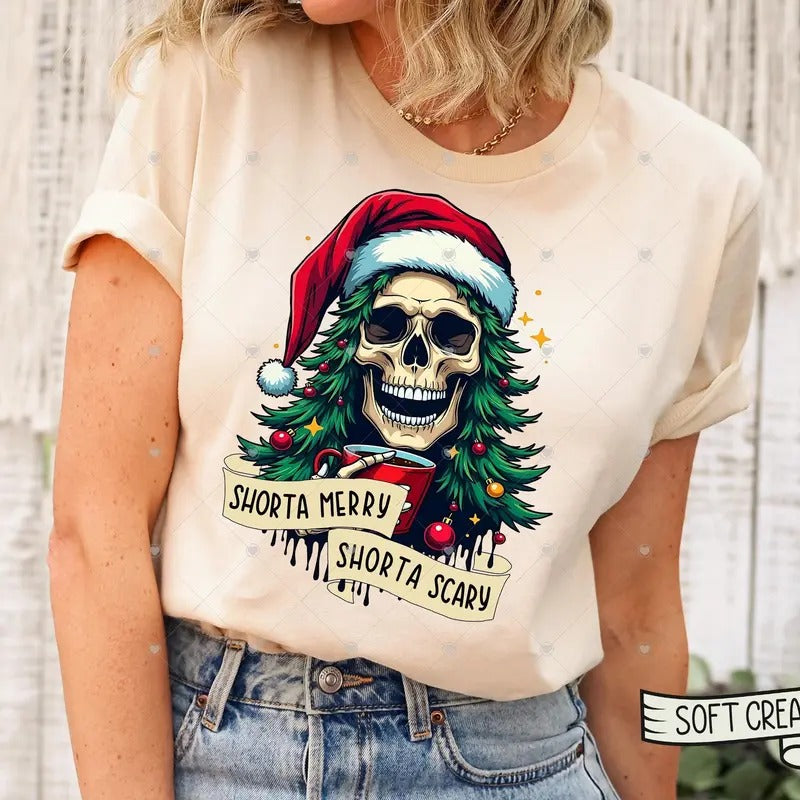 Funny Skeleton Christmas Shirt Sorta Merry Sorta Scary Halloween T-shirt Christmas Skeleton With Santa Hat Christmas...