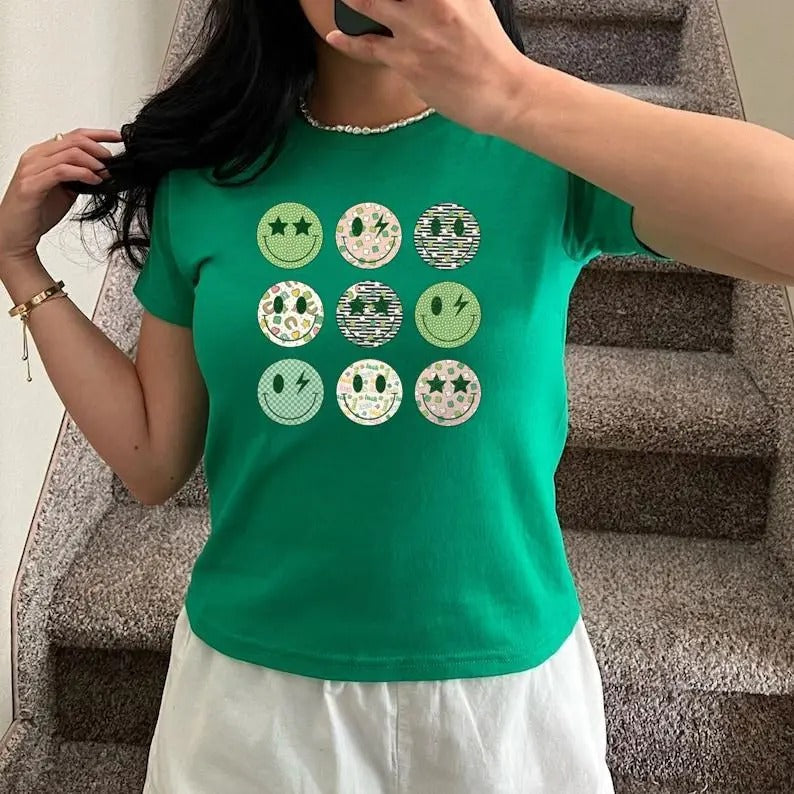 Funny St Patrick's Day Baby Tee, Happy Face Baby Tee, St Patrick's Baby Tee, Retro St Patrick's Day, Y2K 2000's Style,...