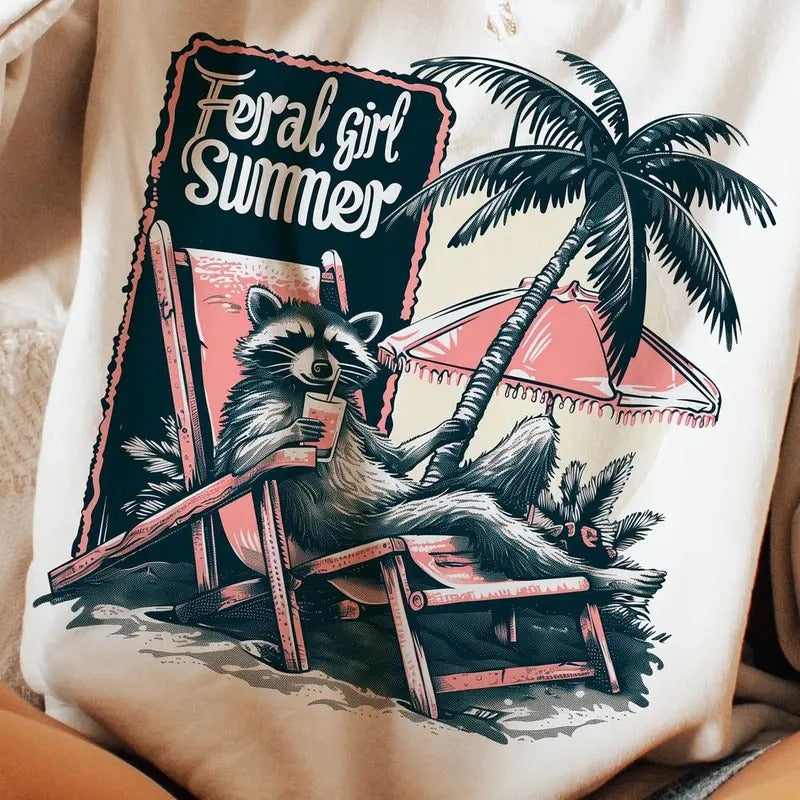 Funny Summer T-Shirt: Feral Girl & Raccoon Designs for WB shield Hilarious Summer Look! Hoodie, Sweatshirt