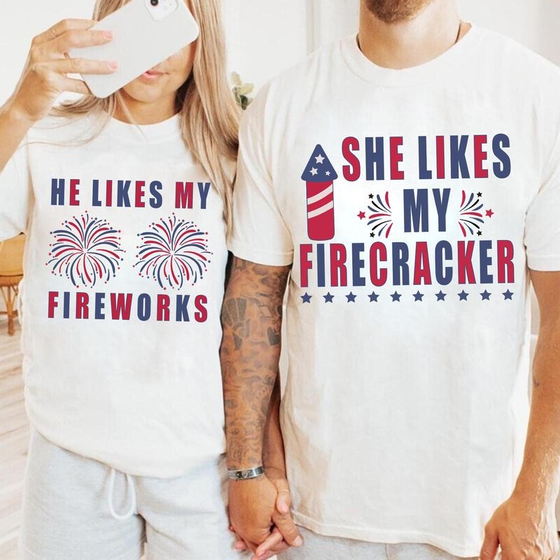 Funny USA Fireworks Couple Shirts, He Likes My Fireworks, 4th Of July Couple Matching Shirts, God Bless America, His and...
