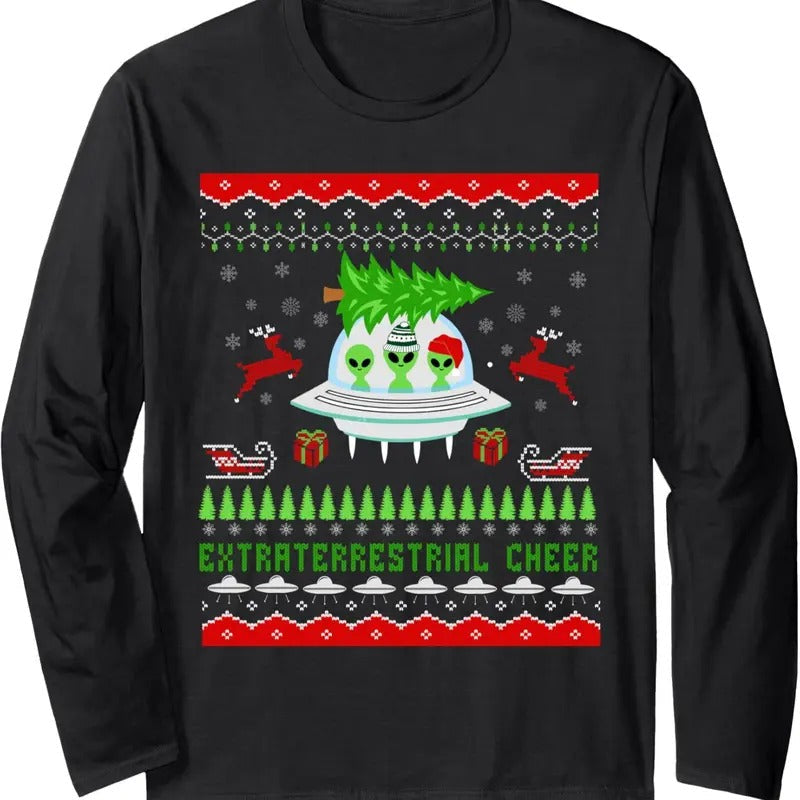 Funny Ugly Christmas Alien UFO Santa Reindeer Tree Gift Kids Long Sleeve T-Shirt Hoodie, Sweatshirt | RetroVerseTees.com