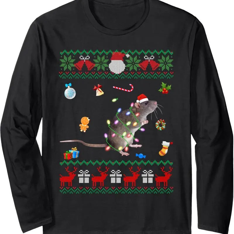 Funny Ugly Xmas Sweater Animals Lights Christmas Rat Long Sleeve T-Shirt Hoodie, Sweatshirt | RetroVerseTees.com