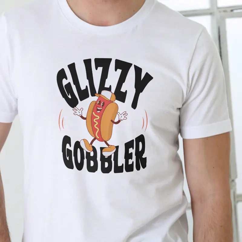 GLIZZY GOBBLER T Shirt, Unisex, Cotton, funny hot dog shirt. Menswear Soft Hoodie, Sweatshirt | RetroVerseTees.com