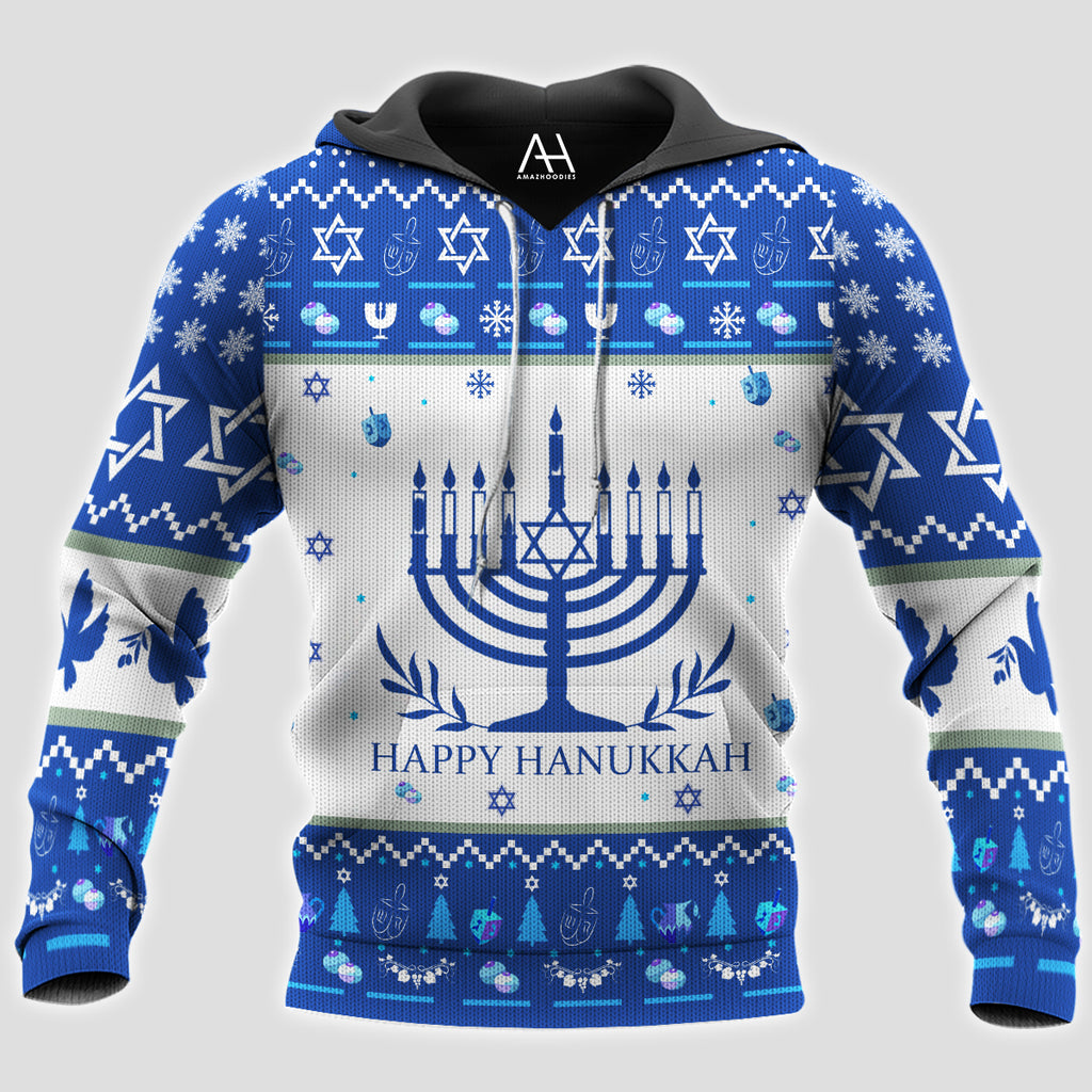 Happy Hanukkah Dark Blue 3D Ugly Sweater Jumper