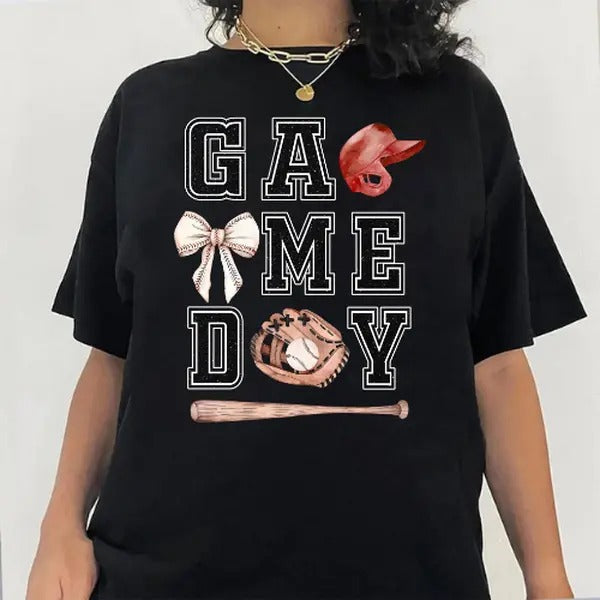 Game Day Baseball Bow Shirt, Coquette Baseball Shirt, Game day Shirt, Baseball Mom, Baseball Graphic Tees Hoodie, Sweatshirt