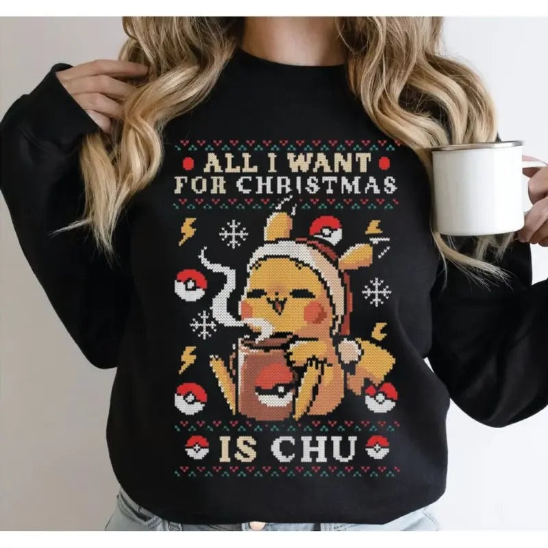Gamer Kawaii Ugly Christmas Sweater, Coffee And Cute Sweatshirt Gift, Video Game Monster Shirt, All I Want For Christmas...