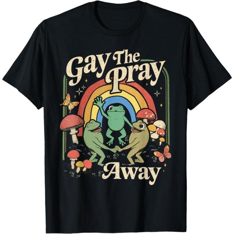 Gay TNF Pray Away Rainbow Funny Meme Frogs LGBT Pride LGBTQ T-Shirt Casual Black Medium Size Short Sleeve Crewneck Tops...