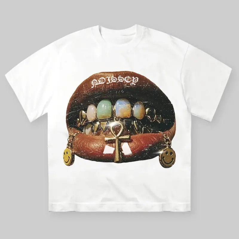 Gem Shell Vintage Grills & Lip Print T-Shirt, Y2k Clothing, Unisex Cotton Crewneck T-Shirt