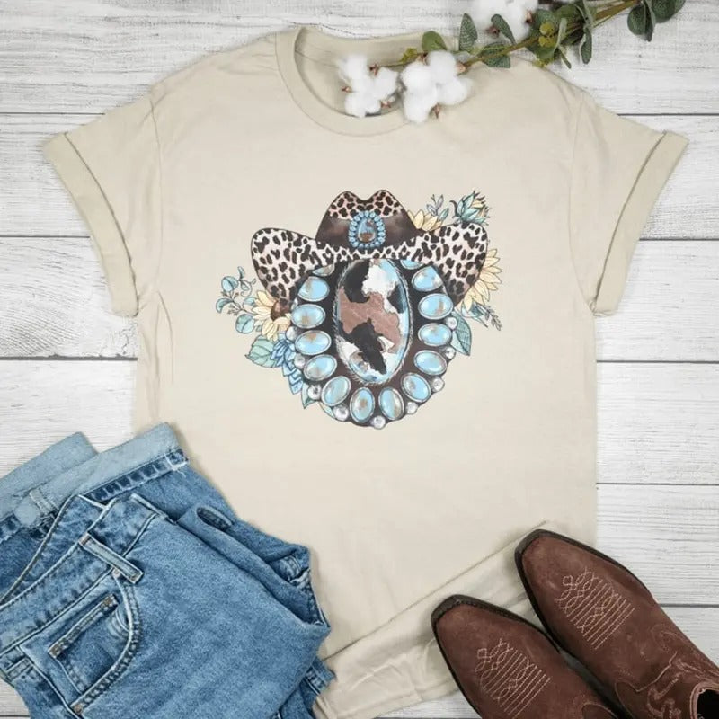 Gemstone With Leopard Cowboy Hat Graphic T-shirt Hoodie, Sweatshirt | RetroVerseTees.com