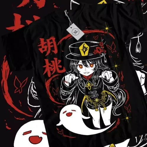Genshin Impact HuTao Harajuku T-Shirt Anime Girl Kawaii Black Shirt Tee All Size Hoodie, Sweatshirt | RetroVerseTees.com
